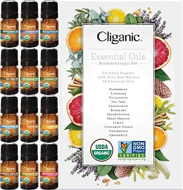 Cliganic USDA Organic Aromatherapy TOP 12 Essential Oils Set, 100% Pure - Peppermint, Lavender, Eucalyptus, Tea Tree, Lemongrass, Rosemary, Frankincense, Orange, Lemon, Cassia, CedarwoodGrapefruit.