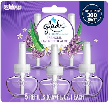 معطر جو Glade PlugIns، معطرات وزيوت عطرية للمنزل والحمام، برائحة اللافندر والصبار الهادئة، 3.35 أونصة سائلة، 5 قطع.
