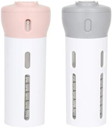 Travigo 4-in-1 Travel Dispenser Bottle, Includes Four Empty Reusable 1. 4 oz. (40 mLCosmetic Toiletry Containers for Sanitizer, Soap, Lotions, Skincare, Makeup Products (Pink Gray.