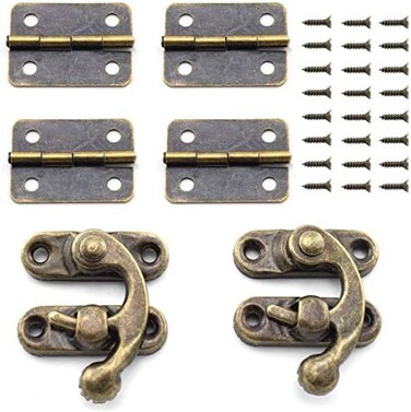 SDTC Tech Retro Design Jewelry Box Antique Right Latch Hook and Vintage Bronze Hinge with Matching Screws Kit for Decorative Cabinet Small Wooden Box Project (2X Hasp Catch4X Hinges.