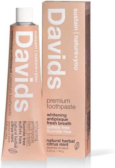 Davids Fluoride Free Toothpaste, Teeth Whitening, Antiplaque, SLS (SulfateFree, Promotes Enamel Health, MouthGum Detox, EWG Verified, Natural Herbal Citrus Mint, 5. 25oz.