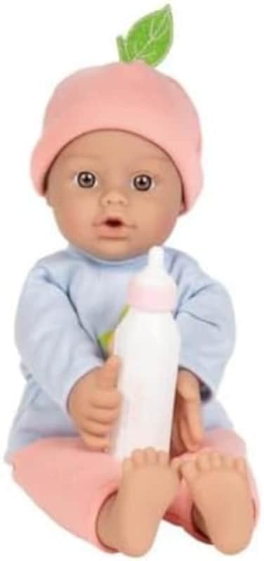 ADORA 11" Soft Cuddly Grapefruit Baby Doll with Bottle, Beanie and Blue Top.