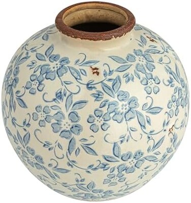 Creative Co-Op DF2720 8" H Terracotta Floral Transferware PatternCrackle Finish Vase, Blue.