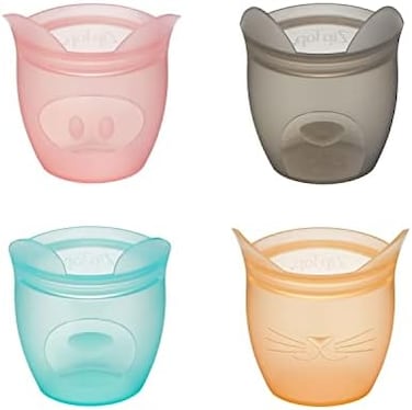 Zip Top Reusable 100% Silicone BabyKid Snack Containers- The only containers That Stand up, Stay Open and Zip Shut. No Lids. Made in The USA - Full Set of 4.