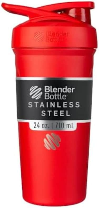 BlenderBottle Blender Bottle Strada Shaker Cup Insulated Stainless Steel Water with Wire Whisk, 24-Ounce, Red.