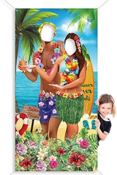 Blulu Hawaiian Aloha Party Decorations Luau Couple Photo Prop, Giant Fabric Hawaiian Luau Photo Booth Background, Funny Luau Couple Photo Door Banner for Luau Party or Beach Party Supplies Favors, 6 x