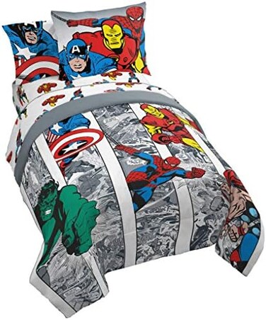 Jay Franco Marvel Avengers Comic Cool 5 Piece Twin Bed Set - Includes ComforterSheet Set - Bedding Features Captain America, Spiderman, Iron Man, Hulk,Thor - Super Soft (Official Marvel Product.