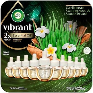 Air Wick Botanica Plug in Scented Oil, 10 Refills, Caribbean Sweetgrass and Sandalwood, Air Freshener, Eco Friendly, Essential Oils, 10 Count.