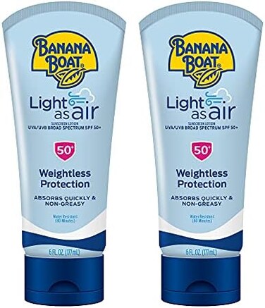 Banana Boat Light As Air Sunscreen Lotion SPF 50 Twin PackLightweight Sunscreen, Lotion Sunscreen, Banana Boat Sunscreen Lotion for Body, Non-Greasy Sunscreen, Oxybenzone Free Sunscreen, 6oz each.