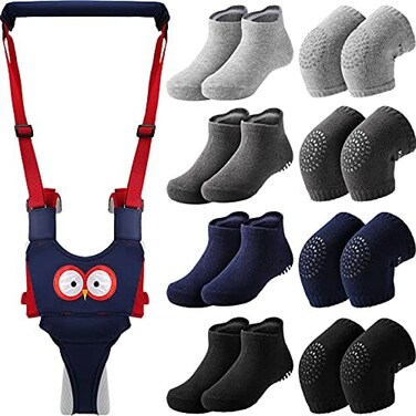 Panitay Handheld Baby Walking Harness Adjustable Toddler Walking Assistant Baby Walker Assistant Belt with 4 Pairs Baby Crawling Anti-Slip Knee 4 Pairs Non Slip Toddler Socks Grips, 7-24 Months Old.
