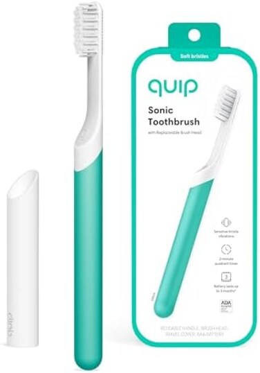Quip Sonic Toothbrush for Adults - Timed Electric Toothbrush with Cover - Replaceable Brush Head, Soft Bristles, Plastic Handle, 3 Month Battery Life - Travel Toothbrush - Green.
