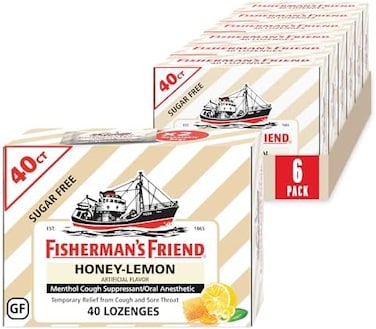 Fisherman's Friend Cough Drops, Cough Suppressant and Sore Throat Lozenges, Sugar Free Honey-Lemon, 5. 52mg Menthol, 240 Drops (6 Packs of 40.