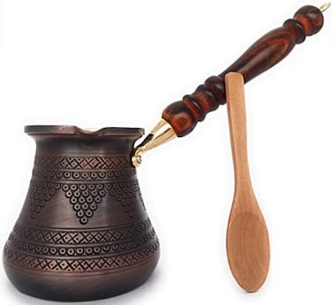 DEDE Copper PCZ Series (Large-14fl. oz- Thickest Solid Copper Engraved/Hammered Turkish Greek Arabic Coffee Pot with Wooden Handle, Stovetop Coffee Maker Cezve Jezve Jazva Ibrik Briki (Antique.