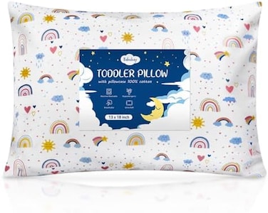 Babebay Toddler Pillow,13X18 Soft Baby Pillows for Sleeping, Machine Washable Kids Pillow with Cotton Pillowcase, Perfect for Travel, Toddlers Cot (Happy Sunny Rainbow.
