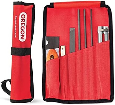 Oregon Universal Chainsaw Field Sharpening Kit - Includes 5/32-inch, 3/16-inch, and 7/32-inch Round Files, Flat File, Handle, Filing Guide, and Pouch.