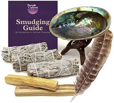 Purple Canyon Smudge Kit (Beginner's Gift Set- 3 White Sage Smudge Sticks, 2 Palo Santo, Abalone Shell, Smudge Feather w/StandSmudging Guide for Home CleansingHealing Meditation Rituals.