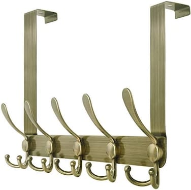 SKOLOO Over The Door Hook - for Doors up to 1-3/4'' Thickness, Metal Door Hanger with 5 Triple Hooks, Bronze Over The Door Hanger for Coats, Hats, Towels.