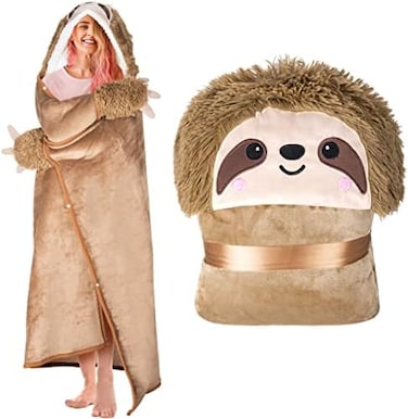 Happy Fuel Sloth Wearable Hooded Blanket for Adults - Super Soft Warm Cozy Plush Flannel FleeceSherpa Hoodie Throw Cloak Wrap - Sloth Gifts for Women Adults and Kids.