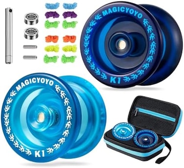MAGICYOYO Pack of 2 Yoyos for Kids, K1 Responsive YoYos with 2 Yoyo Sacks10 Strings and 2 Yo-Yo Gloves Gift ( Dark BlueCrystal Blue.
