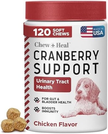 Chew + Heal Labs ChewHeal Labs لعلاج التهاب المسالك البولية للكلاب - 120 مكمل غذائي ناعم من التوت البري لصحة المسالك البولية والتحكم في المثانة - مصنوع من الإشنسا وفيتامين سي - يعمل على تصحيح الاختلال