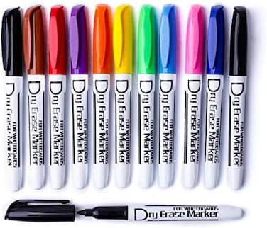 Volcanics Dry Erase Markers Low Odor Fine Whiteboard Markers Thin Box of 12, 10 Colors.