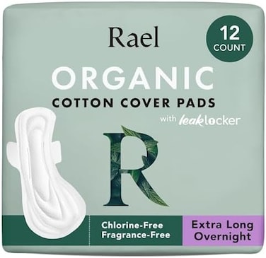 Rael Pads for Women, Organic Cotton Cover - Period Pads with Wings, Feminine Care, Sanitary Napkins, Heavy Absorbency, Unscented, Ultra Thin (Extra Long Overnight, 12 Count.