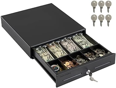 Volcora 13" Electronic Cash Register Drawer for Point of Sale (POSSystem with 4 Bill 5 Coin Cash Tray, Removable Coin Compartment, 24V, RJ11/RJ12 Key-Lock, Media Slot, Black - for Small Businesses.