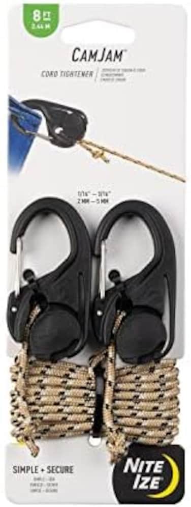Nite Ize NCJ-25-2R3 CamJam Tie Down Rope Tightener with Carabiner Clip, 2-Pack with Cord, Black, 2 Count.