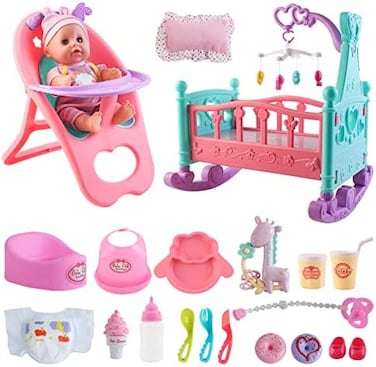 deAO 12&rdquo; Baby Doll Play Set with Crib, Mobile, High Chair Feeding Accessories, Interactive Dolls for Girls Kids Pretend Play Baby Dolls 21 PCS.