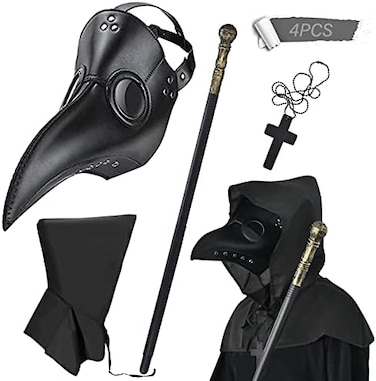 BUUFAN 4PCS Plague Bird Doctor Mask PU Leather Long Nose Beak Mask with Cloak Crucifixion Necklace Scepter.