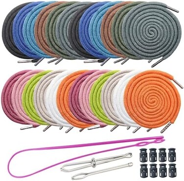 luckkyme 24Pack Replacement Drawstrings Drawcords 8 Pieces Cord Locks for Pants Sweatpants Hoodies Scrubs Jackets Shorts, with 3 Pieces Drawstring Threader Re-Threader Tool 53" Long (12 Color.
