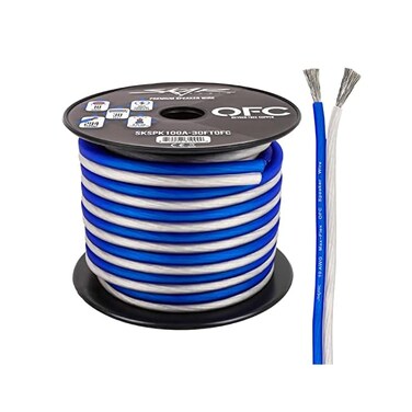 سلك مكبر صوت نحاسي خالٍ من الأكسجين من Skar Audio عيار 10 (AWGElite) - 30 قدمًا (أزرق/أبيض).