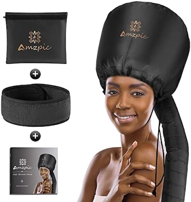 ملحق مجفف الشعر Amzpic Bonnet Hood - مجفف شعر ناعم وقابل للتعديل وكبير الحجم للغاية لتسريع وقت التجفيف في المنزل، سهل الاستخدام للتصفيف والتجعيد والترطيب العميق (أسود).