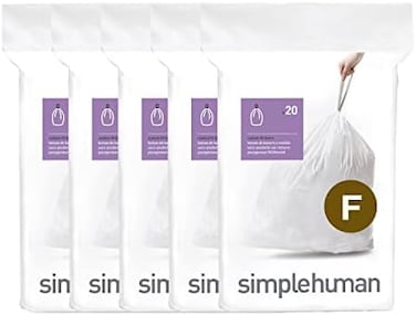 simplehuman Code F 100 Count, Genuine Custom Fit Liners, Drawstring Trash Bags in Dispenser Packs, 25-30 Liter / 6. 6-8 Gallon, White.