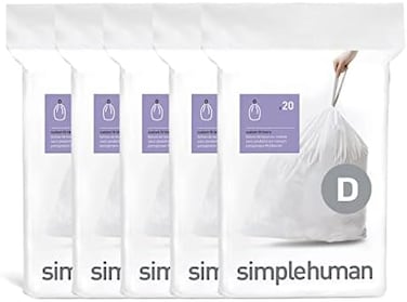 simplehuman Code D Custom Fit Drawstring Trash Bags, 20 Liter / 5. 2 Gallon, White, 100 Count.