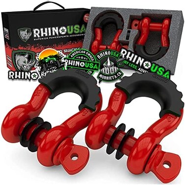 حلقات ربط Rhino USA D (عبوة من قطعتين - قوة كسر 41850 رطل - حلقة ربط شديدة التحمل 3/4 بوصة مع دبوس 7/8 للقطر - متوافقة مع حزام السحب لاستعادة المركبات (أحمر).