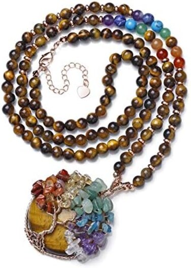 Top Plaza 7 Chakra Healing Crystal Natural Round Gemstone Pendant Necklace Life Tree Copper Wire Wrapped Beads Necklaces Reiki Jewelry for Women.