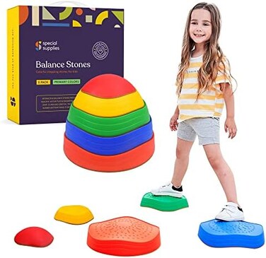 Special Supplies Stepping Stones for Kids, 5 Balance Indoor and Outdoor Blocks Promote Coordination, Balance, Strength, Child Safe Rubber, Non-Slip Edging, Stackable.