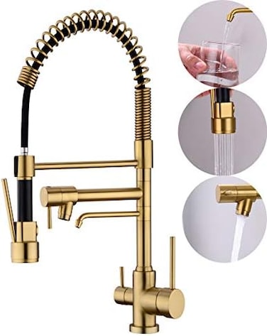 Delle Rosa Kitchen Faucet, 3 Way Drinking Water Faucet, 3 in 1 Water Purifier Faucets, High Arc and Dual Handles Commercial Kitchen Faucet Brushed Gold.