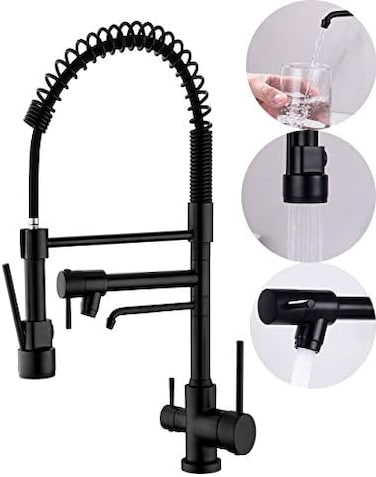 Delle Rosa Kitchen Faucet, 3 Way Drinking Water Faucet, Modern Kitchen Faucet with Pull Down Sprayer, Dual Handles Kitchen Sink Faucet,3 in 1 High Arc Water Filter Purifier Faucets Matte Black.