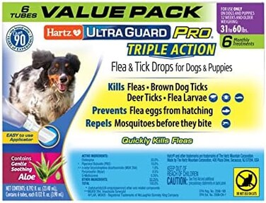 Hartz UltraGuard Pro Topical FleaTick Prevention for Dogs and Puppies, 31-60 lbs 6 Monthly Treatments.