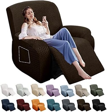 YEMYHOM 4 Pieces Stretch Recliner Slipcover Latest Jacquard Recliner Chair Cover with Side Pocket Anti-Slip Fitted Recliner Cover Couch Furniture Protector with Elastic Bottom (Recliner, Dark Coffee.