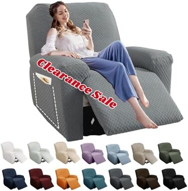YEMYHOM 4 Pieces Stretch Recliner Slipcover Latest Jacquard Recliner Chair Cover with Side Pocket Anti-Slip Fitted Recliner Cover Couch Furniture Protector with Elastic Bottom (Recliner, Light Gray.
