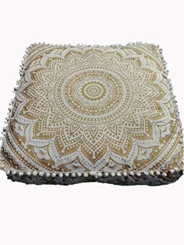 INDIAN CRAFT CASTLE Gold Mandala Barmeri Large Floor Pillow Cover Cushion Meditation Seating Ottoman Throw Cover Hippie Decorative Zipped Bohemian Pouf Ottoman Poufs, Pom Pom Pillow Cases (White Gold,