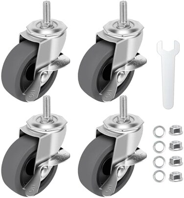 WHARSTM 3" Locking Swivel Stem Casters Set of 4, 3/8"-16 x 1" (Screw Diameter 3/8", Screw Length 1"Rubber Casters with 360 Degree No Noise, Grey, Steel, Swivel, Stem, Locking, 4 Units.