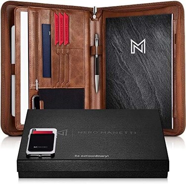 NERO MANETTI Zippered Vegan Leather Padfolio/Portfolio Pad Holder-Business PU Leather Notepad Folder for Resumes, Interviews, iPad/Tablet, Phone, Legal Pad Notebook Executive Binder for Women, Men.