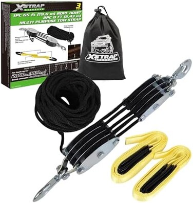 XSTRAP STANDARD رافعة حبل شديدة التحمل بقوة كسر 4000 رطل وطول 65 قدمًا مع 2PK حبل رفع بطول 8 أقدام (أسود).