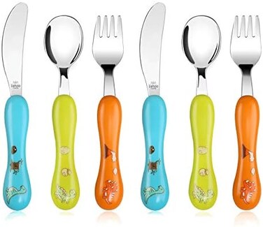 Lehoo Castle Toddler Utensils Kids Silverware, 6pcs Safety Stainless Steel Toddler Fork Spoon Knife Set, Children Flatware Set, Safety Utensils for Toddler and Children (Orange.