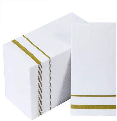 FOCUSLINE [200 Pack] Disposable Guest Towels Paper Hand Towels, Decorative Bathroom Hand Napkins for Kitchen, Parties, Weddings, Dinners or Events, White and Gold.
