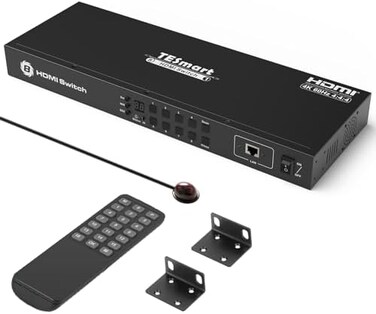 TESmart 8&times;1 HDMI Switch 8 in 1 Out 4K @ 60Hz HDCP with 19-inch Rack-EarsRS-232 / LAN ControlIR Remote Control and Auto SwitchAuto Scan Time Interval - Black.